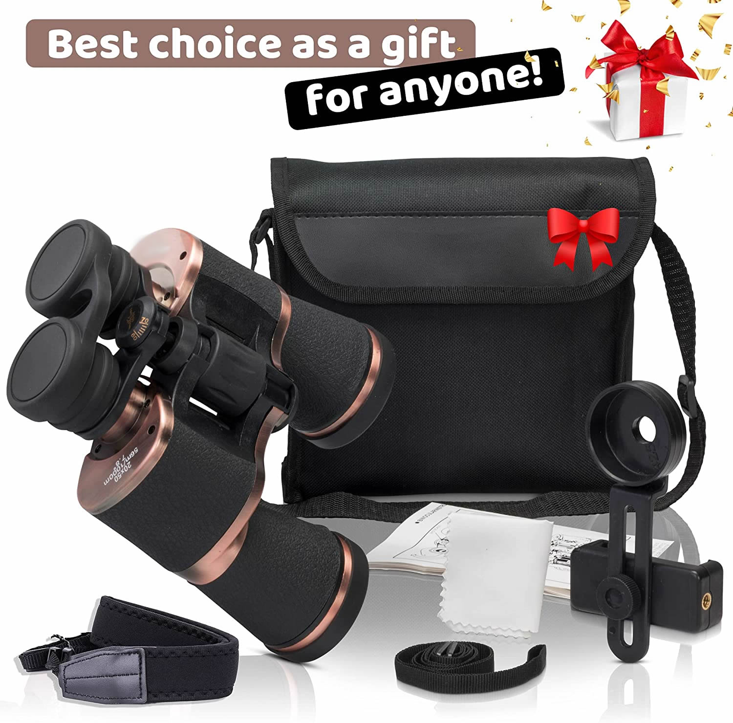 Yenguan 20x50 High Power Binoculars for Adults with Low Night Vision Binoculars Waterproof Hunting Traveling Outdoor BAK4 Prism FMC Lens, Phone Adapter Strap and Case