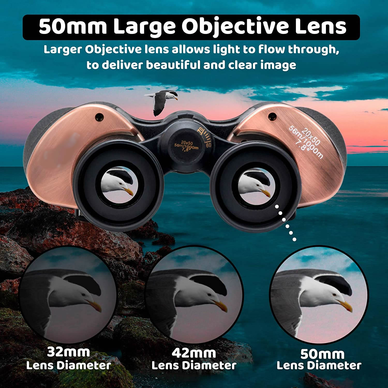 Yenguan 20x50 High Power Binoculars for Adults with Low Night Vision Binoculars Waterproof Hunting Traveling Outdoor BAK4 Prism FMC Lens, Phone Adapter Strap and Case