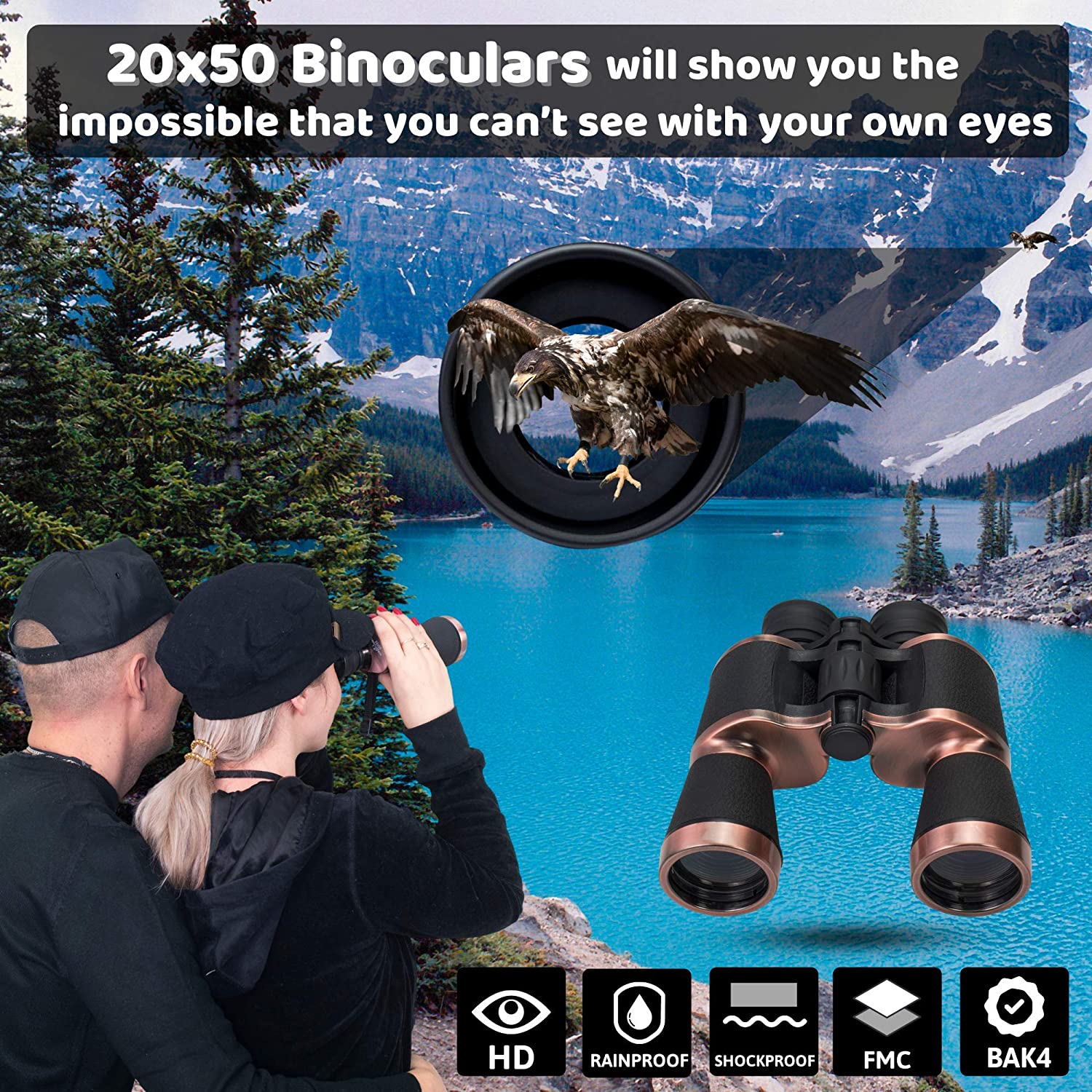Yenguan 20x50 High Power Binoculars for Adults with Low Night Vision Binoculars Waterproof Hunting Traveling Outdoor BAK4 Prism FMC Lens, Phone Adapter Strap and Case