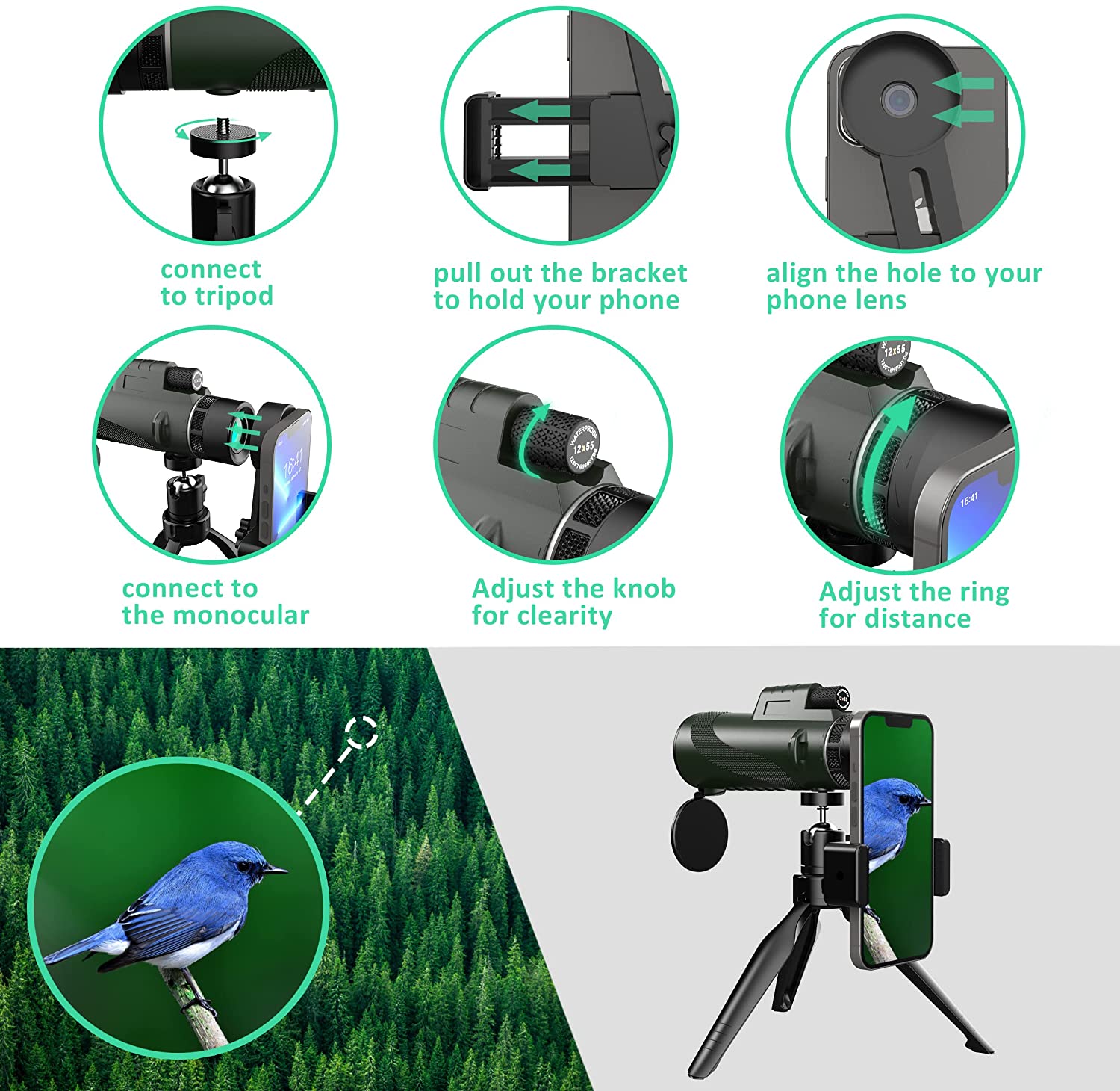 Yenguan 12x55 Monocular Telescope with Upgraded Tripod, Smartphone Adapter, Hand Strap for Adults Kids, High Power Monocular Scope for Bird Watching Hunting Camping Hiking Travling