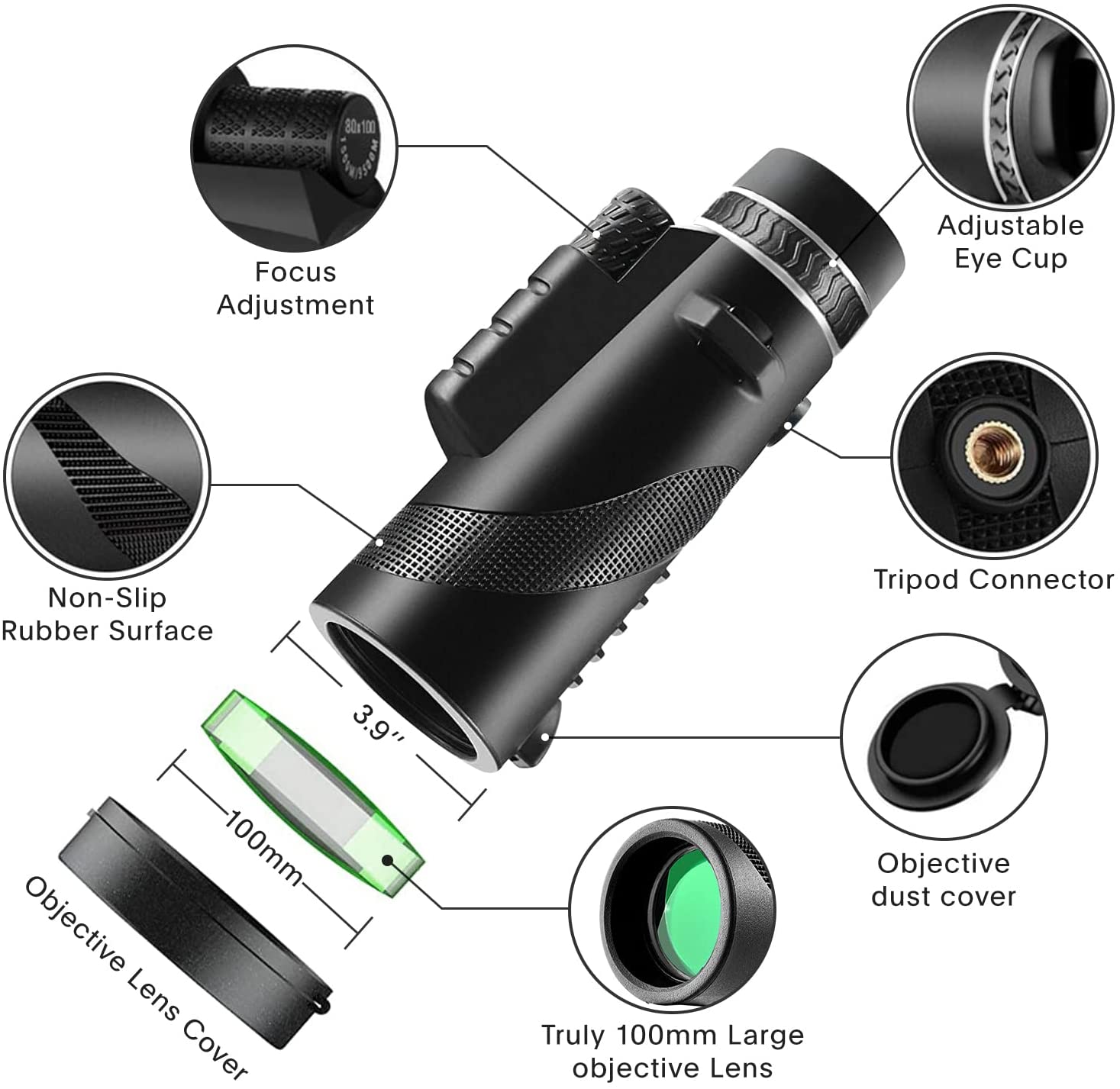 Yenguan 80x100 Monocular-Telescope High Powered for Smartphone Low Night Vision Monoculars for Adults High Definition Monocular Telescope for Stargazing Hunting Wildlife Bird Watching Travel Camping Hiking
