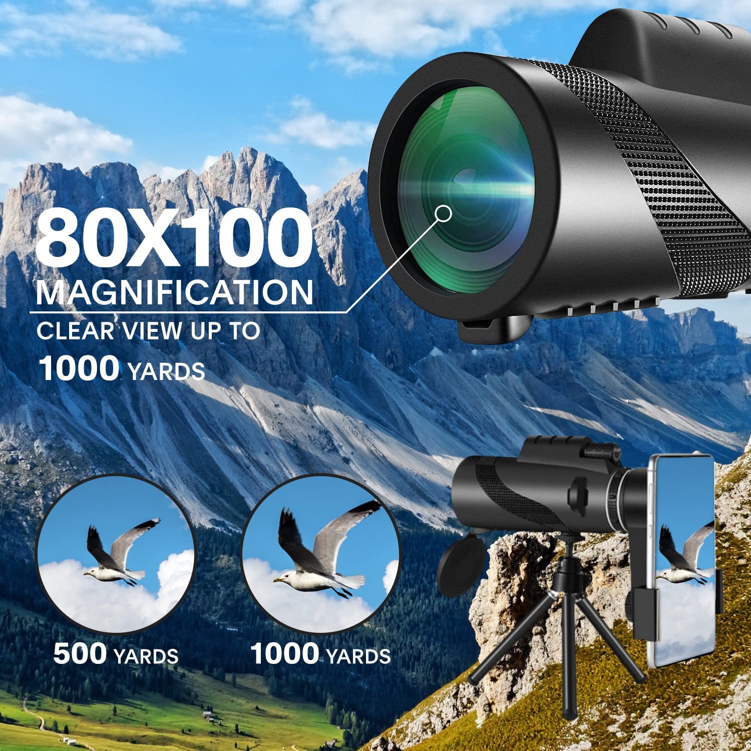 Yenguan 80x100 Monocular-Telescope High Powered for Smartphone Low Night Vision Monoculars for Adults High Definition Monocular Telescope for Stargazing Hunting Wildlife Bird Watching Travel Camping Hiking