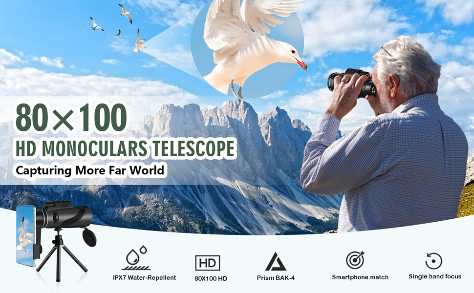 Yenguan 80x100 Monocular-Telescope High Powered for Smartphone Low Night Vision Monoculars for Adults High Definition Monocular Telescope for Stargazing Hunting Wildlife Bird Watching Travel Camping Hiking